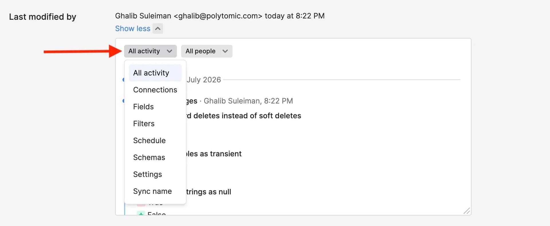 Bulk sync activity log filter