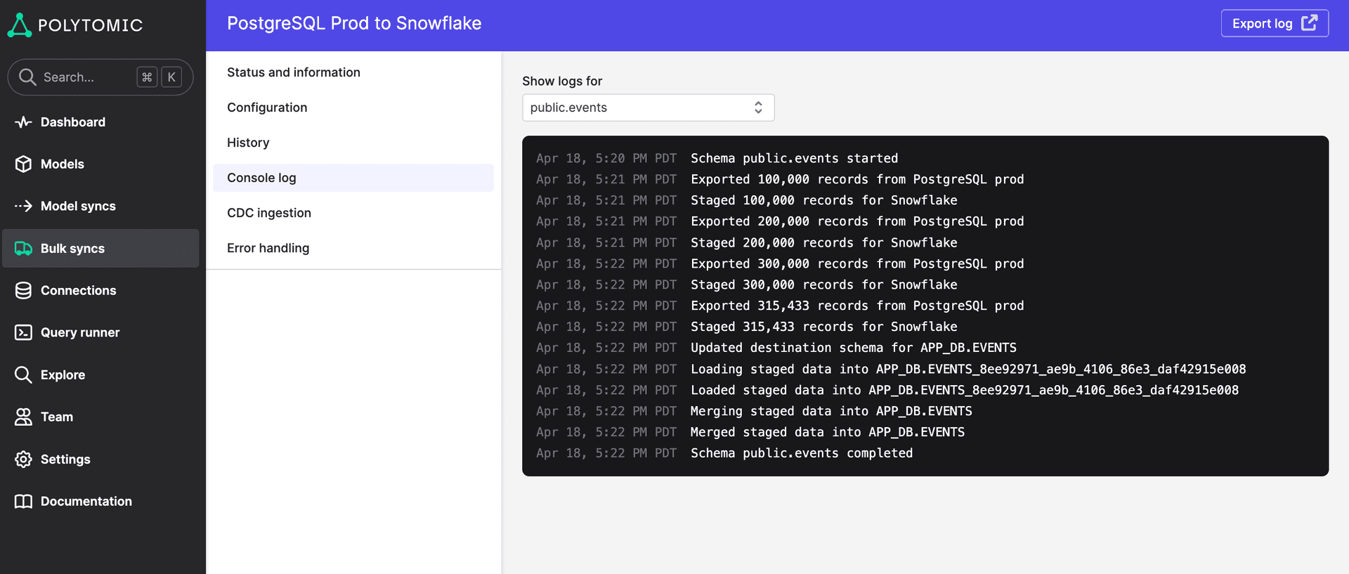 Console log example screenshot